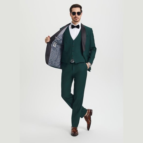 Stacy Adams 3pc Mens Tuxedo Hybrid Fit Shawl Lapel, Green - Picture 5 of 6